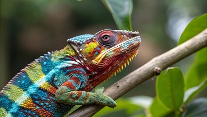 Chameleon on a branch with vibrant green scales camouflaged in nature