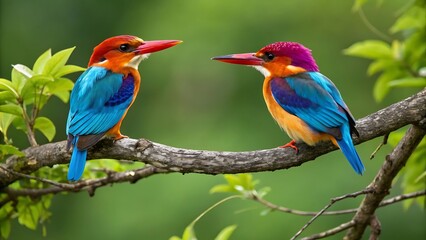 Obraz premium A pair of colorful blue and yellow macaw parrots perched on a branch in the wild, showcasing their vibrant feathers and exotic beauty