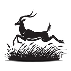 Antelope leaping across grass Silhouette Vector Illustration, Solid White Background.
