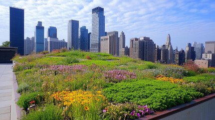Fototapeta premium Green roof atop a building in a bustling metropolis showcasing vibrant plants amid towering skyscrapers under a blue sky. Generative AI