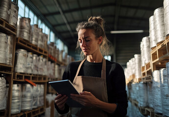 Warehouse Worker Using Tablet for Inventory Management, Modern Logistics and Supply Chain