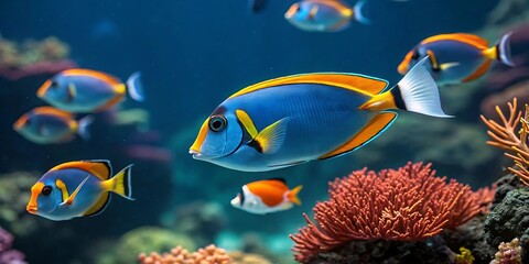 Obraz premium Tropical fish swimming in a colorful aquarium with coral and reef
