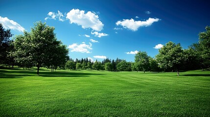 Fototapeta premium Serene Landscape: A Stunning View of Lush Green Grass, Trees, and a Bright Blue Sky