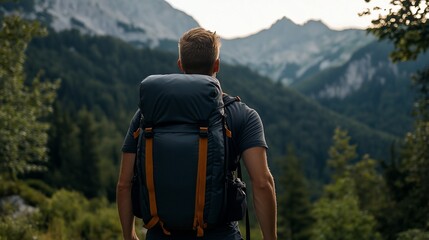 Man hiking, mountain view, backpack, adventure, nature travel