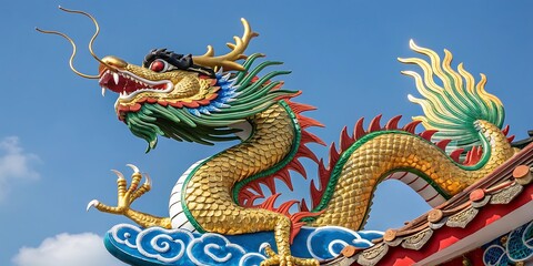 Obraz premium Chinese dragon statue on temple roof with golden sculpture and traditional architecture symbolizing power and culture