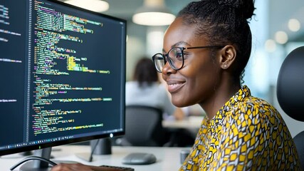 Focused software developer woman analyzing code on a computer screen in a modern office environment, showcasing technology and innovation video 4k