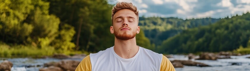 Fototapeta premium Find inner peace with this ultra-detailed and realistic image of a man practicing mindfulness meditation in a peaceful natural setting Witness serene landscapes and find tranquility in this visual