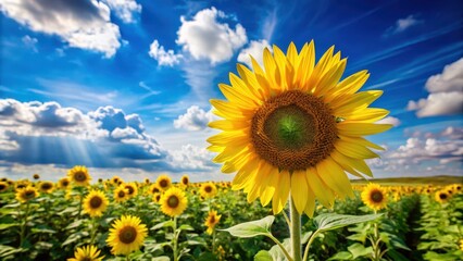 Obraz premium Bright yellow sunflower standing tall in a field under a clear blue sky with white fluffy clouds, its petals facing the warm sunshine , landscape, sunny day