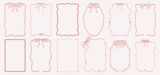 Bow frame drawing. Vintage hand drawn ribbon coquette border. Ink line vector doodle elegant ribbon and bow frames for wedding, birthday invitations party. Wavy, quirky retro decorative shape set.