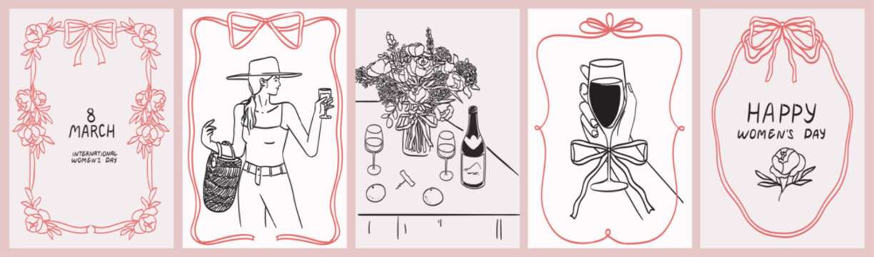 Happy Women's Day celebration card or poster, placard. March 8 in doodle ink line art style. Greeting cards for wedding, birthday and holiday. Vector illustration of date, woman and bouquet of flowers