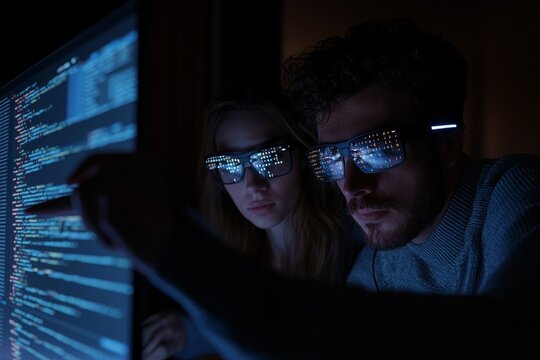 Two business professionals, a male IT specialist and a female colleague, work together at night in a coworking office, watching and testing JavaScript code on a monitor