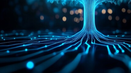 Glowing digital tree roots network, dark background, data concept, tech illustration