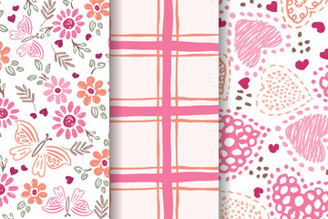 Pink Valentines Day wallpapers Floral Line Heart And Butterflies Pattern