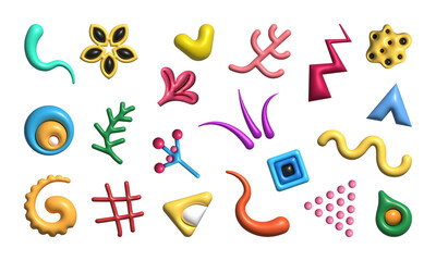 Set of abstract playful geometric 3d shapes, isolated PNGs