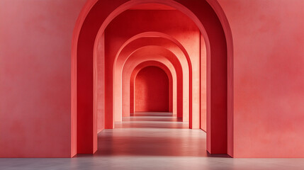 Fototapeta premium A 3D-rendered architectural hallway features a series of arches and columns, creating a minimalist and modern geometric space.