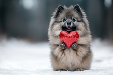 Cute keeshond hound with sparkling rhinestones red heart on a walk in a winter park. Keeshond - my beloved dog, symbol of friendship. Promotion companion idea. Adorable heartwarming dog.