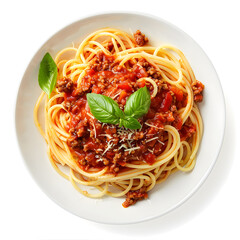 Top view spaghetti bolognese in white plate isolated on white background