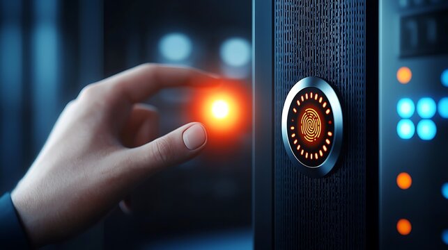 A hand reaching towards a glowing biometric scanner on a server in a dimly lit data center