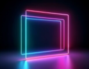 3d render, abstract minimal geometric background. Blank rectangular shapes levitating, square frames perspective view, virtual reality. Glowing neon lines. Stage laser show illumination.