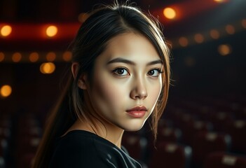 Fototapeta premium Photorealistic portrait of a young female actor in a theatre setting
