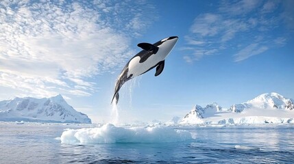 Majestic Orca Whale Breaching in Ice-Covered Ocean Landscape