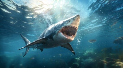 Obraz premium Powerful Great White Shark Swimming Underwater in Ocean Waters