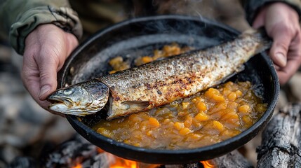 Campfire cooking Grilled trout with peach sauce