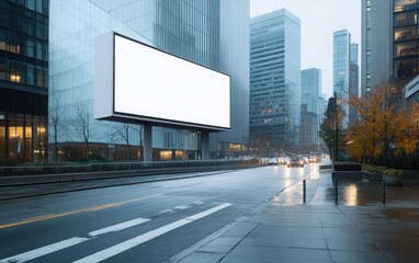 City Billboard with Traffic and Modern Buildings: A photo of an empty billboard in the city center, framed by tall, modern buildings and busy city traffic. 