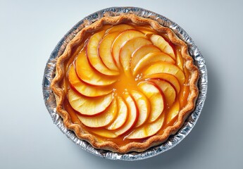 Fototapeta premium Freshly Baked Apple Pie with Glazed Slices on a Silver Foil Pie Dish Ready for Serving and Enjoying in a Natural Light Setting