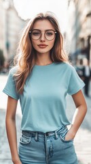 A woman wearing light blue color t shirt mockup; with glasses; on the street; front view
