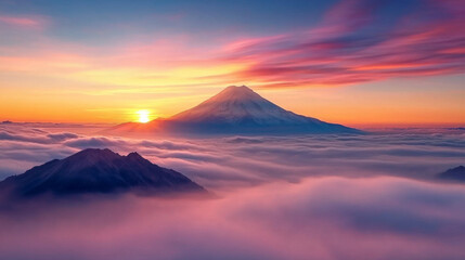 Majestic mountain sunrise over foggy valleys at dawn in serene landscape