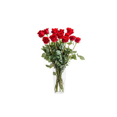 Obraz premium Beautiful bouquet of vibrant red roses in a clear glass vase