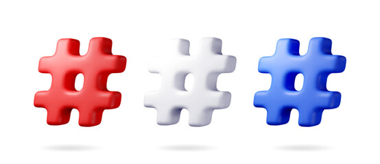 3d realistic hashtag symbol isolated on white. Render hash tag icon for social media. Chat message, communication, ad, search and online community. Blog and social network. Vector illustration