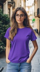 A woman wearing purple color t shirt mockup; with glasses; on the street; front view