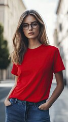 A woman wearing red color t shirt mockup; with glasses; on the street; front view