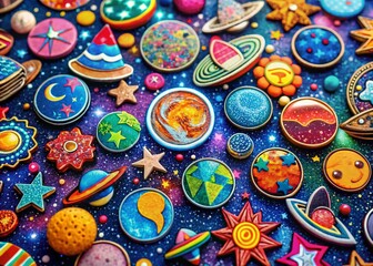 Fototapeta premium Cosmic Childish Patches, Stickers & Pins: Vibrant Galaxy-Themed Accessories