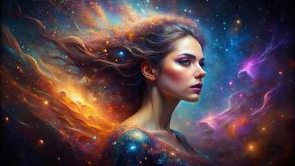 Cosmic Dust Portrait: Starry Night Beauty, Celestial Woman