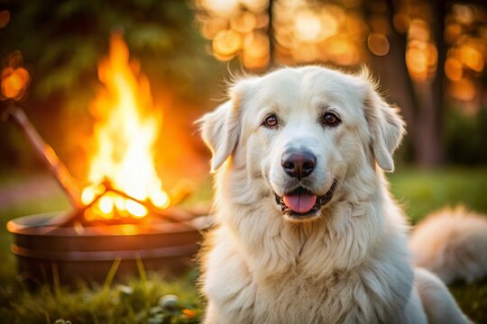Cozy Backyard Picnic: Cute White Italian Maremma Shepherd Dog