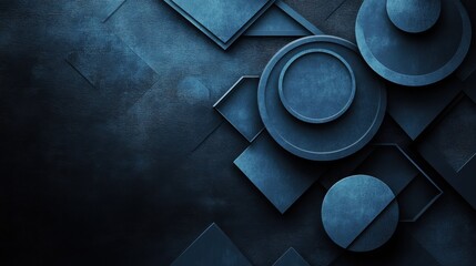 Sharp Blue triangles and circles on a dark background. Geometric pattern for banner template with white space in the center for text. Minimalist wallpaper with copy space.