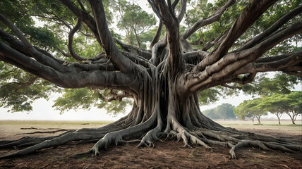 Charming banyan tree with prominent aerial roots isolated on a crisp white background. Presenting the timeless beauty of tranquil nature landscape background,