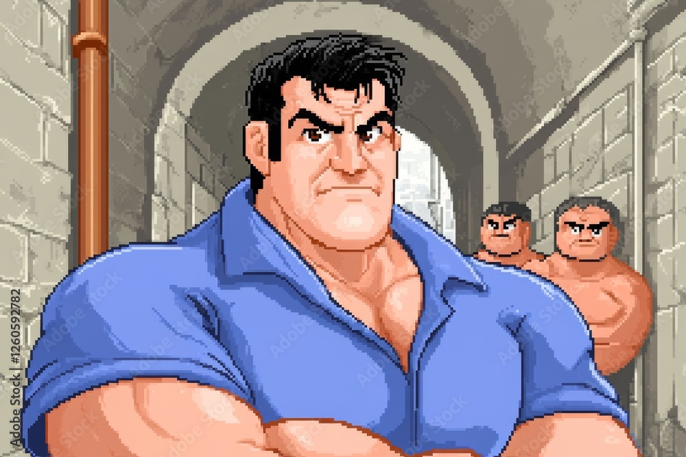 Poster A 8-bit pixel art of a retro video game character training by fighting against pixelated dummies in a dungeon-like environment