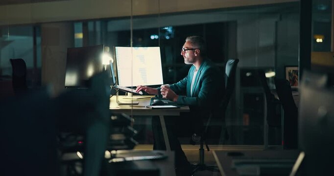 Night, business and man with computer, coffee or website for breaking news, late and deadline. Person, employee or political analyst with pc, evening or research for article, editing and espresso