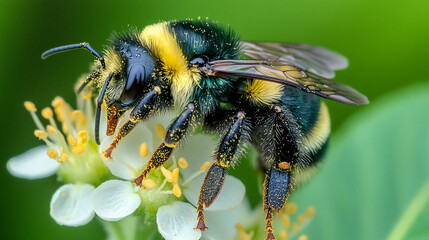 Bumblebee pollinates a flower while contributing to essential conservation efforts in natural habitats. Generative AI