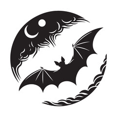 Bat flying under stars Silhouette Vector Illustration, Solid White Background.