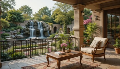 Obraz premium A beautifully designed patio with a cozy armchair and a wooden coffee table, offering a picturesque view of a gently flowing artificial waterfall and an artistically arranged garden