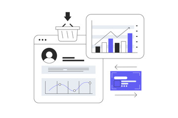 Sales performance concept. Manager monitors sales using chart on screen. Business profits and commercial success. Flat Cartoon Vector Illustration, icon. Stylish abstract