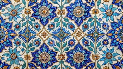 Iridescent blue and gold floral motifs on traditional Turkish ceramic tiles, wall decoration, design,  wall decoration