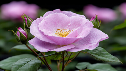 Obraz premium Beautiful pink rose in full bloom surrounded by buds in the garden