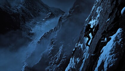 Climber ascends steep snow dusted mountain at dusk