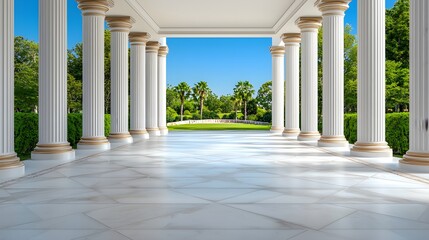 Obraz premium A serene view of a classical architecture with tall columns, leading to a lush green garden under a clear blue sky.